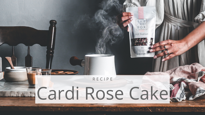 Cardamom Rose Cake featuring The Chai Box's tea blend, Hill Station with black tea. Easy to make cake in less than 45 minutes.