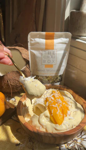 Mango Coconut Tea Ice Cream made with Sweet Monsoon tea from The Chai Box and fresh mangoes and coconut milk. Made with fresh mangoes. Perfect summer ice cream. Mango ice cream. Coconut ice cream.