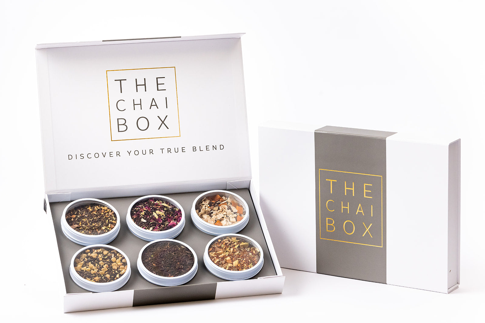 The Chai Box Sampler Set. Includes 6 loose leaf tea blends.  Try our masala chai blends including All Chai'd Up, True Blend, Hill Station and Sweet Monsoon.