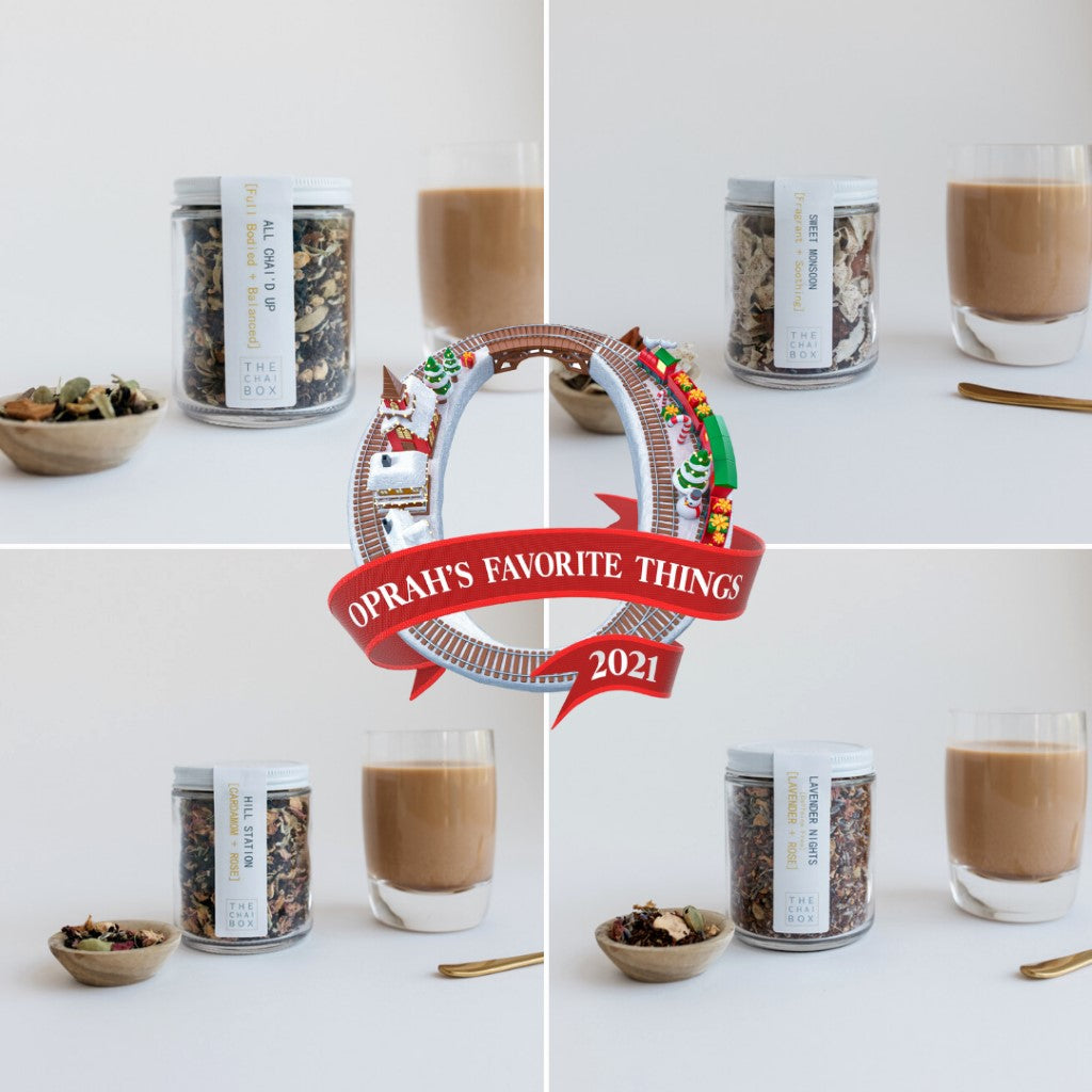 Four different chai blend flavors poured on clear glass mugs. The Chai Box Chai Lover's Gift Set
