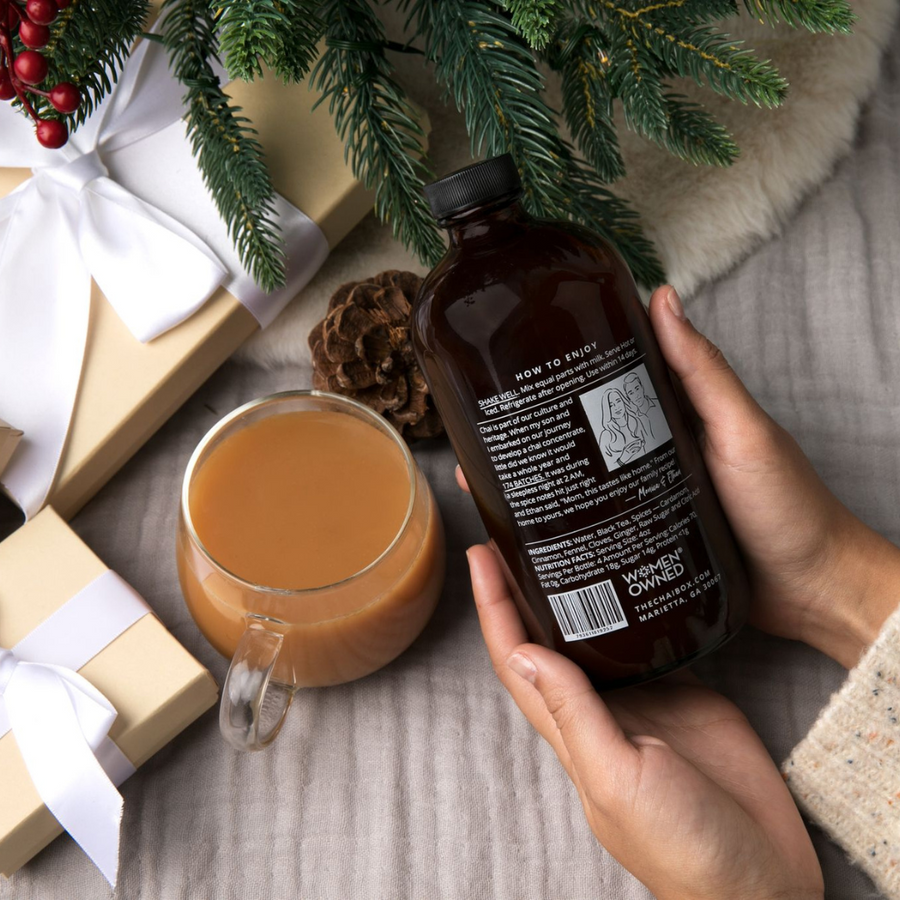 Chai Concentrate and a warm cup of Chai picture under the tree. A perfect stocking stuffer.