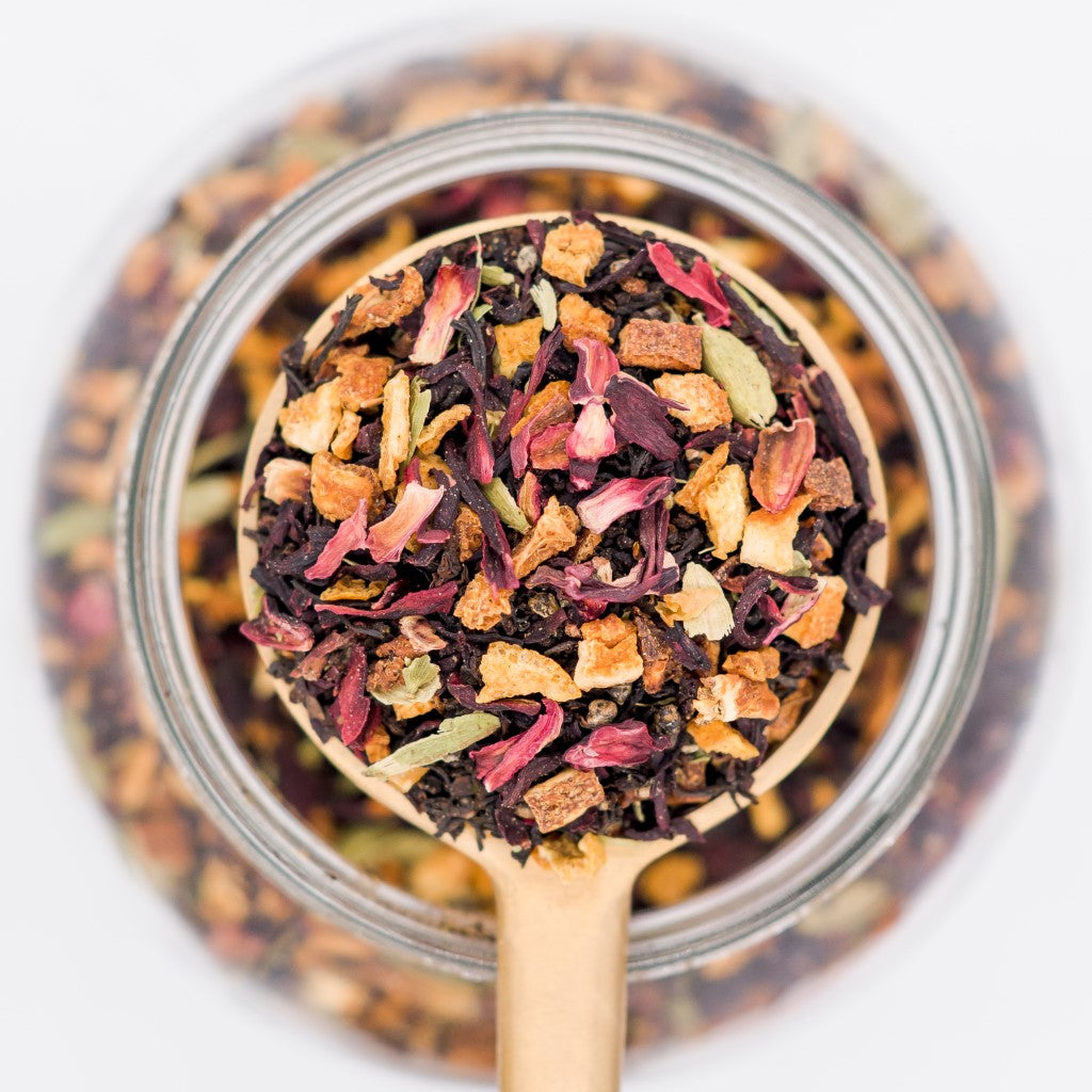A scoop of Jaipur Summer chai. Made with black tea, hibiscus, oranges and cardamon.