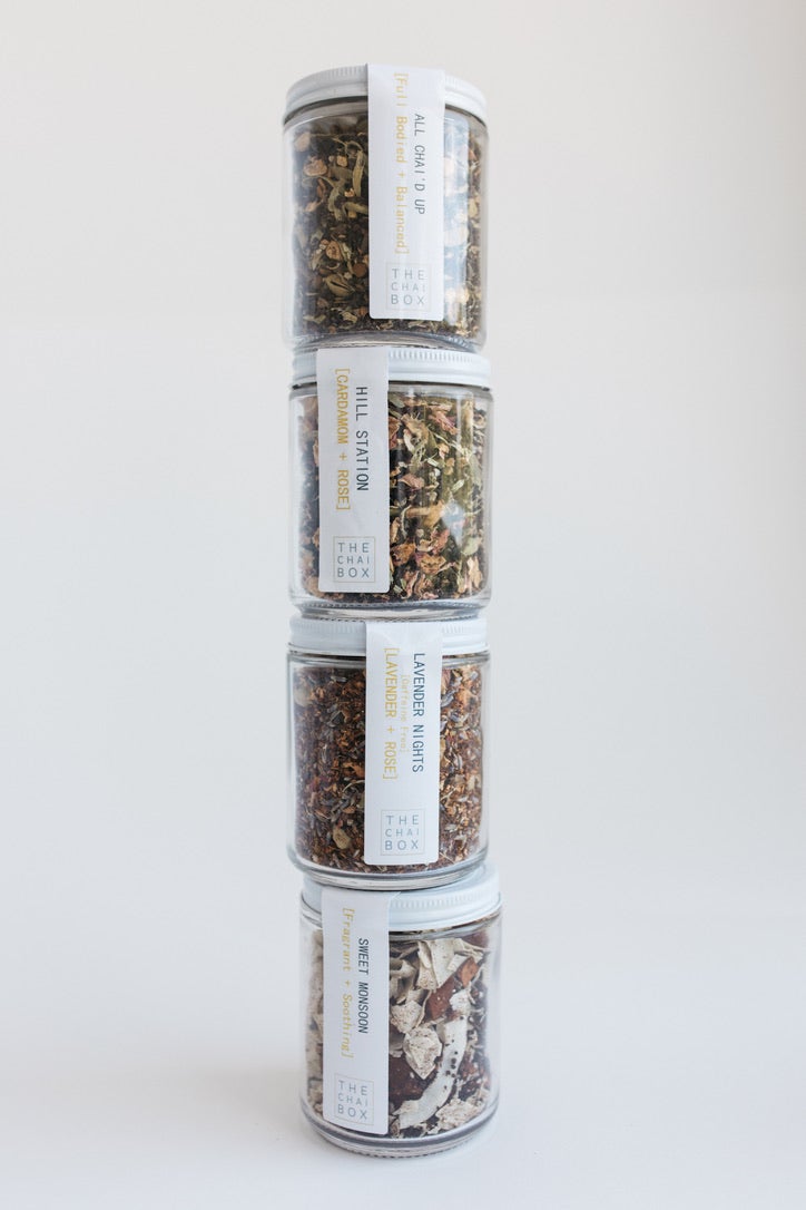 The Chai Lover's Gift set loose leaf teas come in reusable glass jars.  Made with black tea or rooibos tea and spices for an authentic chai experience.