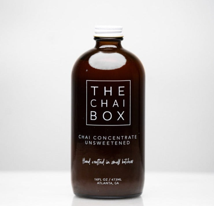 The Chai Box Unsweetened Chai Concentrate 16oz bottle. Perfect for Chai Latte, Masala Tea, Dirty Chai, Iced Chai, Hot Chai and other Chai drinks. 