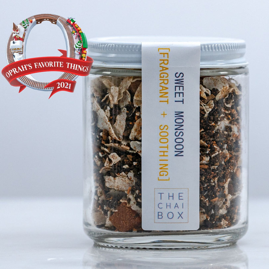 Sweet Monsoon with black tea masala chai available in a reusable glass jar. Eco-friendly and sustainable packaging.