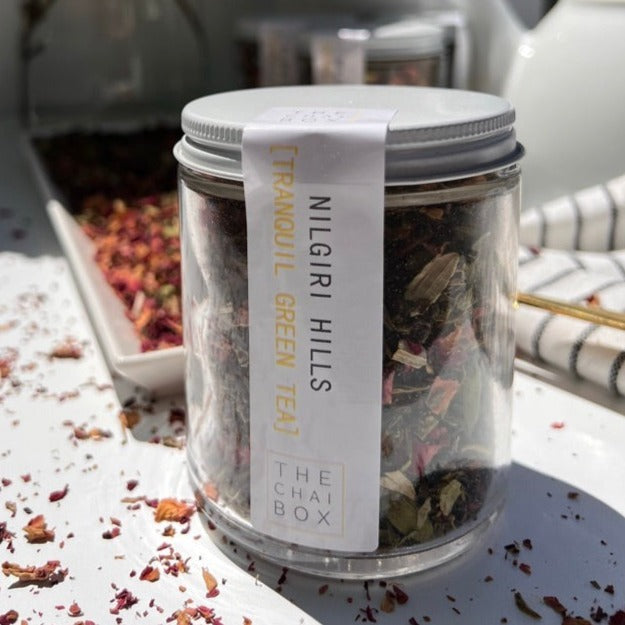 Nilgiri Hills Decaf Loose Leaf Tea Blend in a reusable jar. Perfect for night relaxation