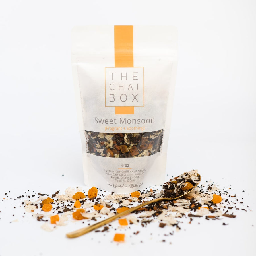 Bag of Sweet Monsoon Loose leaf chai blend. Tea Inspired by the tropical landscape of Kerala, India 