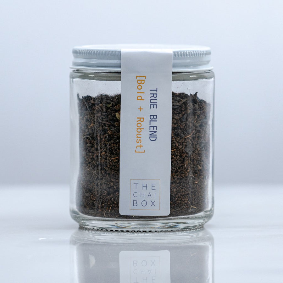 True Blend with assam tea masala chai available in a reusable glass jar. Eco-friendly and sustainable packaging.