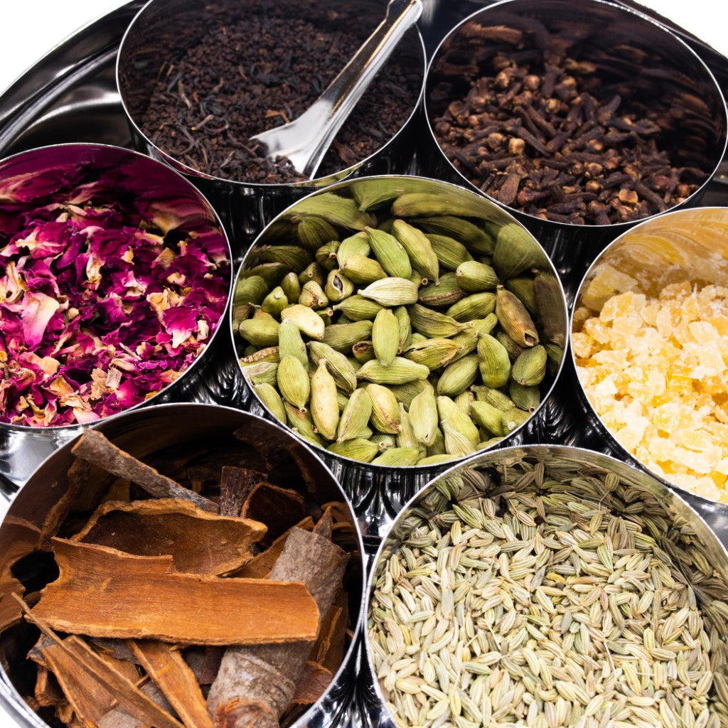 The Chai Box gift set is presented in an traditional Indian Spice Box.