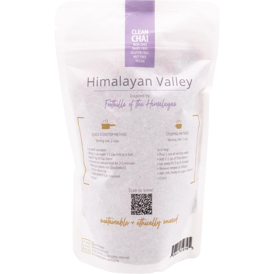 Back of Himalayan Valley with lavender and rose loose leaf tea blend bag. Great for brewing with stovetop method or steeping method. Shop Online.
