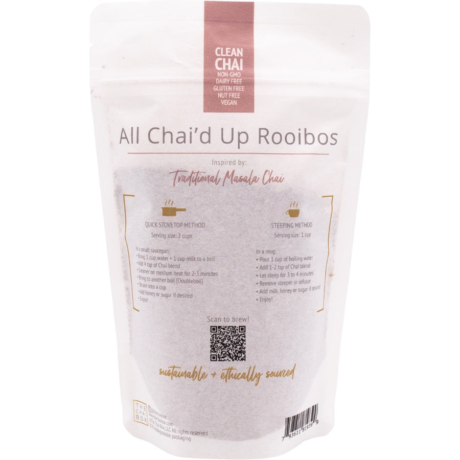 Back of All Chai'd Up Rooibos Decaf loose leaf tea blend bag. Great for brewing with stovetop method or steeping method. 