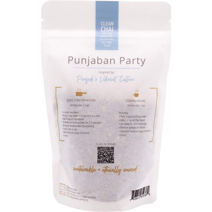 Back of Punjaban Party loose leaf tea blend bag. Great for brewing with stovetop method or steeping method. Shop Online.