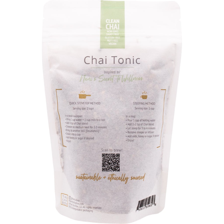 Back of Chai Tonic loose leaf tea blend bag. Great for brewing with stovetop method or steeping method.  Shop Online. 