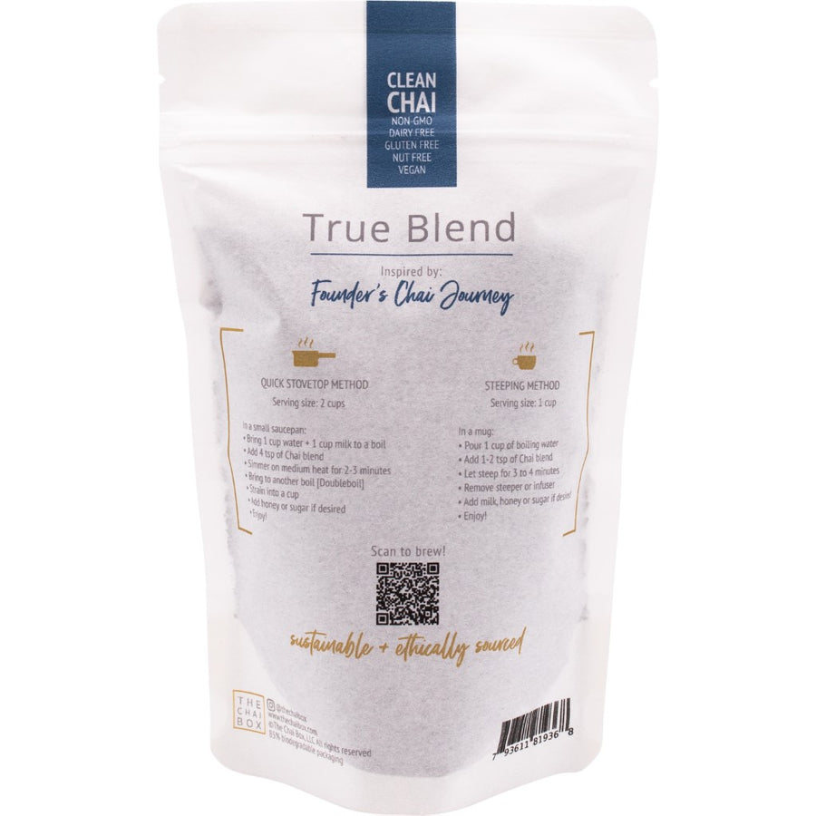 Back of True Blend loose leaf tea blend bag. Great for brewing with stovetop method or steeping method. Shop Online.