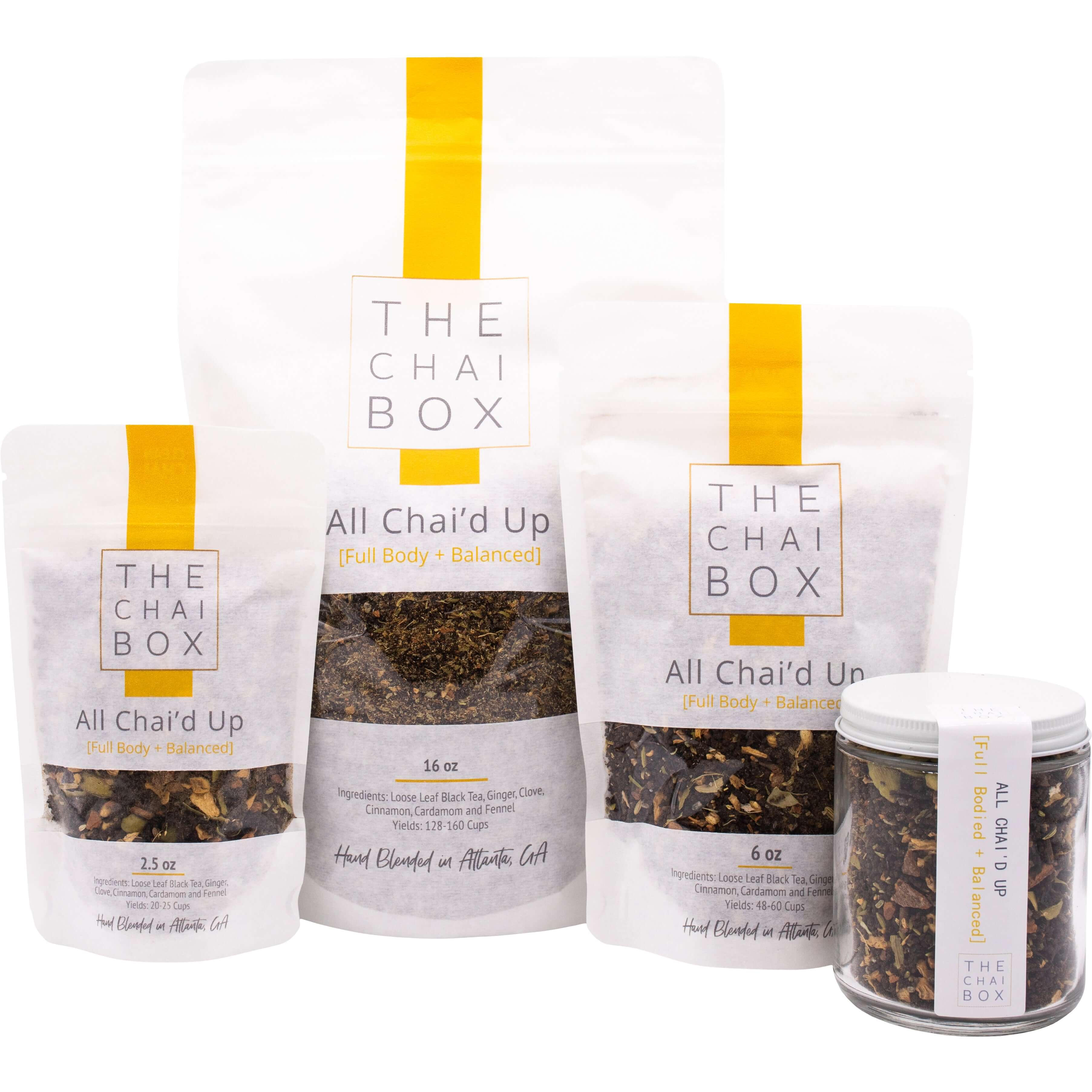 All Chai'd Up is available in a variety of sizes.  Made with black tea, ginger, cardamon, cinnamon, fennel and cloves