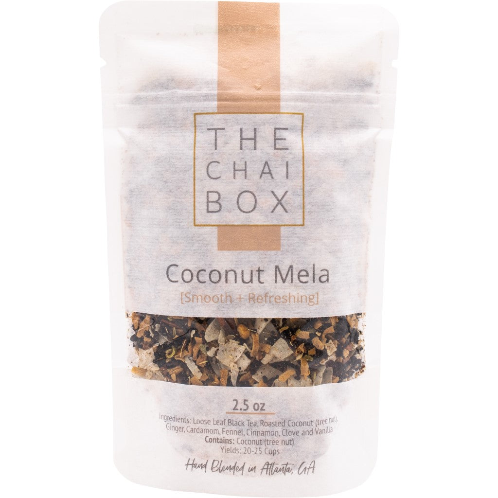 Bag of Coconut Mela. Smooth and Refreshing chai. Tea with antioxidants. Aids digestion, anti-inflammatory and may support heart health.