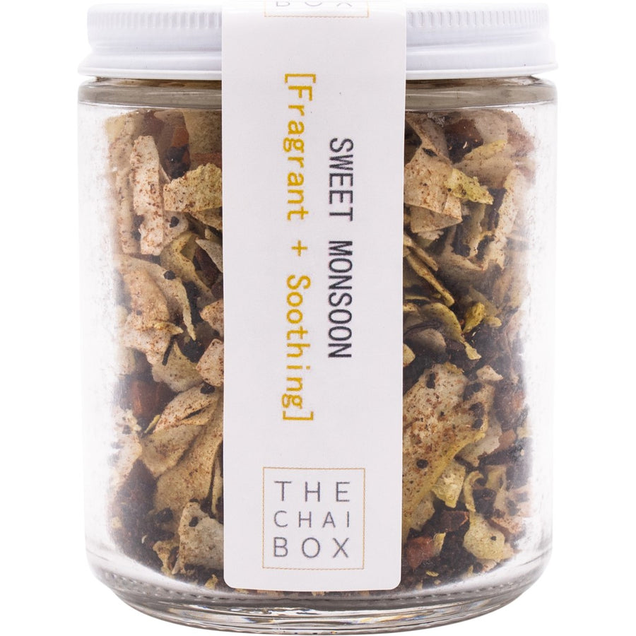 Sweet Monsoon Loose Leaf Tea Blend in a reusable jar. Eco-friendly packaging.
