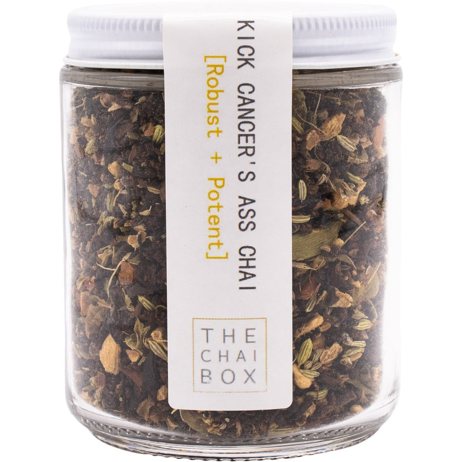Kick Cancer's Ass masala chai available in a reusable glass jar. Eco-friendly and sustainable packaging.