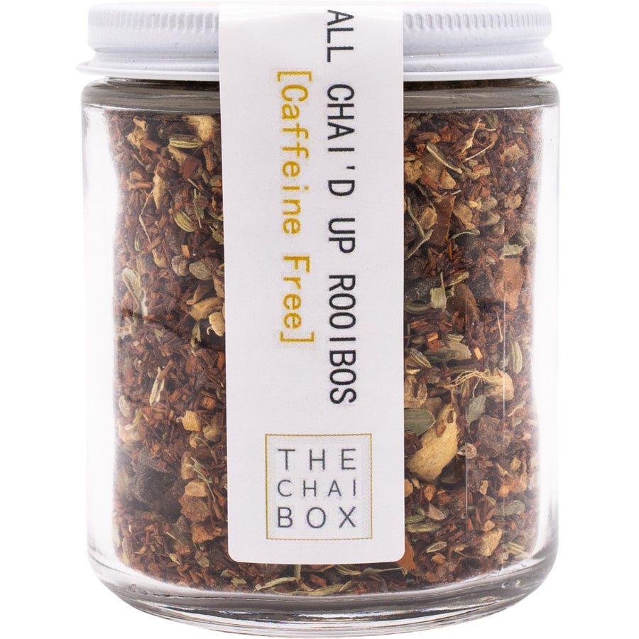 All Chai'd Up Rooibos available in a reusable glass jar. Eco-friendly and sustainable packaging. 