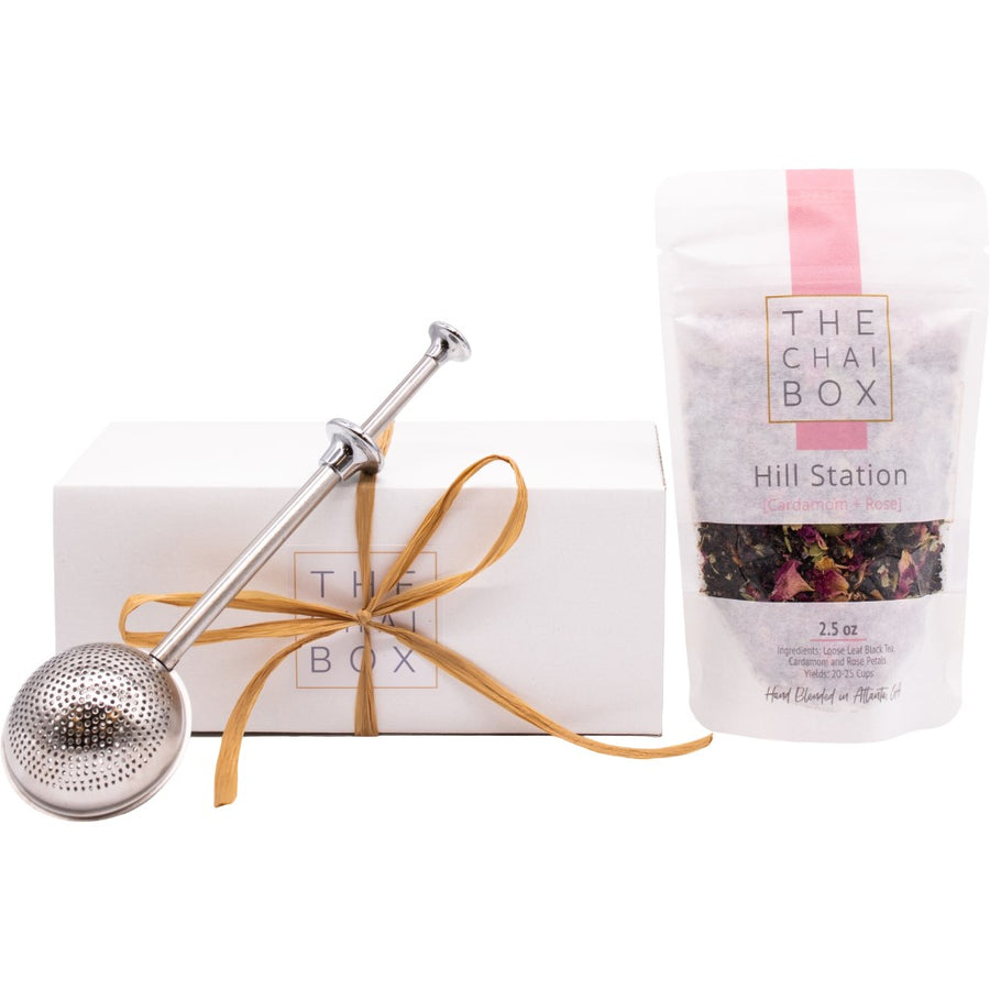 The Chai Box  Hill Station Gift Set. Includes a bag of Hill Station loose leaf tea blend and a tea steeper.