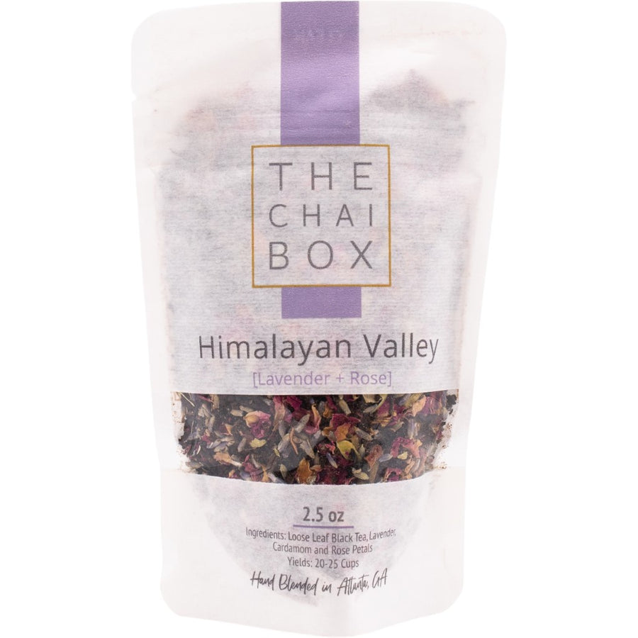 Bag of Himalayan Valley Loose Leaf Tea blend with lavender and rose petals. A fragrant loose leaf chai