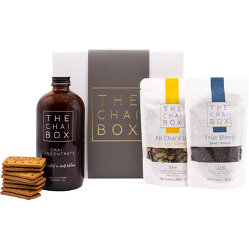 Shop The Chai Box Chai + Biscuits Gift Set. Includes 2 flavors of loose leaf tea blends, chai concentrate and biscuits. 