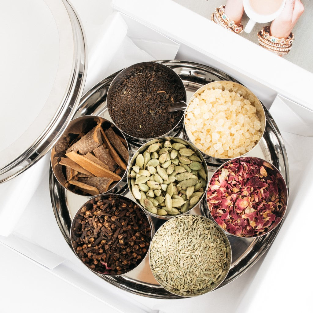 The Chai Box Gift Set.  Includes True blend loose leaf tea, 6 spices and a recipe card for an authentic sup of chai