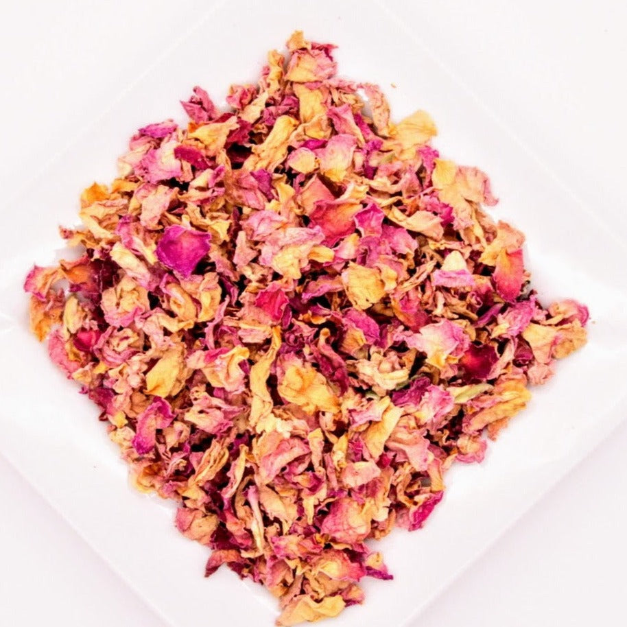 Shop rose petals at The Chai Box.  Harvested from organic roses. Fragrant and aromatic spice.