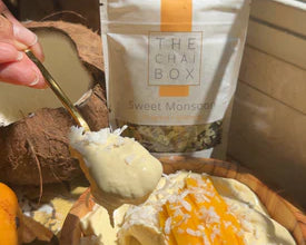Mango Coconut Tea Ice Cream made with Sweet Monsoon tea from The Chai Box and fresh mangoes and coconut milk. Made with fresh mangoes. Perfect summer ice cream. Mango ice cream. Coconut ice cream.
