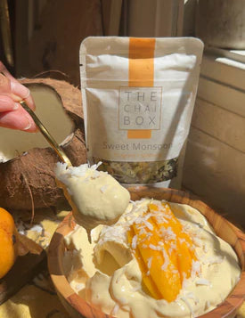 Mango Coconut Tea Ice Cream made with Sweet Monsoon tea from The Chai Box and fresh mangoes and coconut milk. Made with fresh mangoes. Perfect summer ice cream. Mango ice cream. Coconut ice cream.
