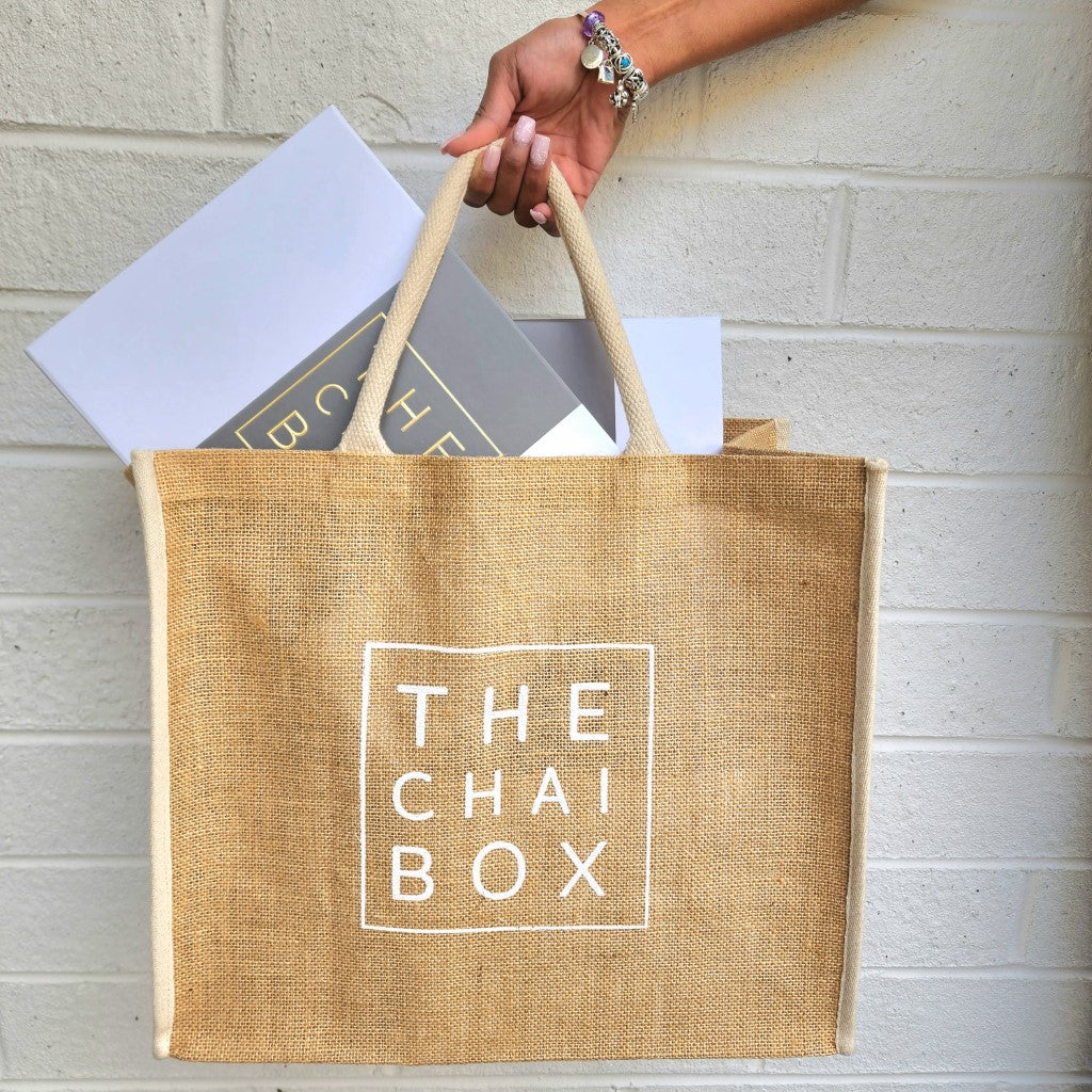 Shop The Chai Box jute burlap tote. Tea accessories.