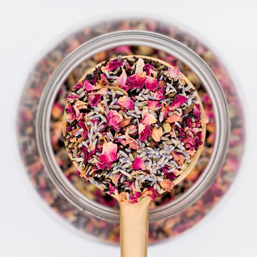 Himalayan Valley  Loose Leaf Tea Blend Scoop. Made with cardamom and lavender rose petals and black tea.