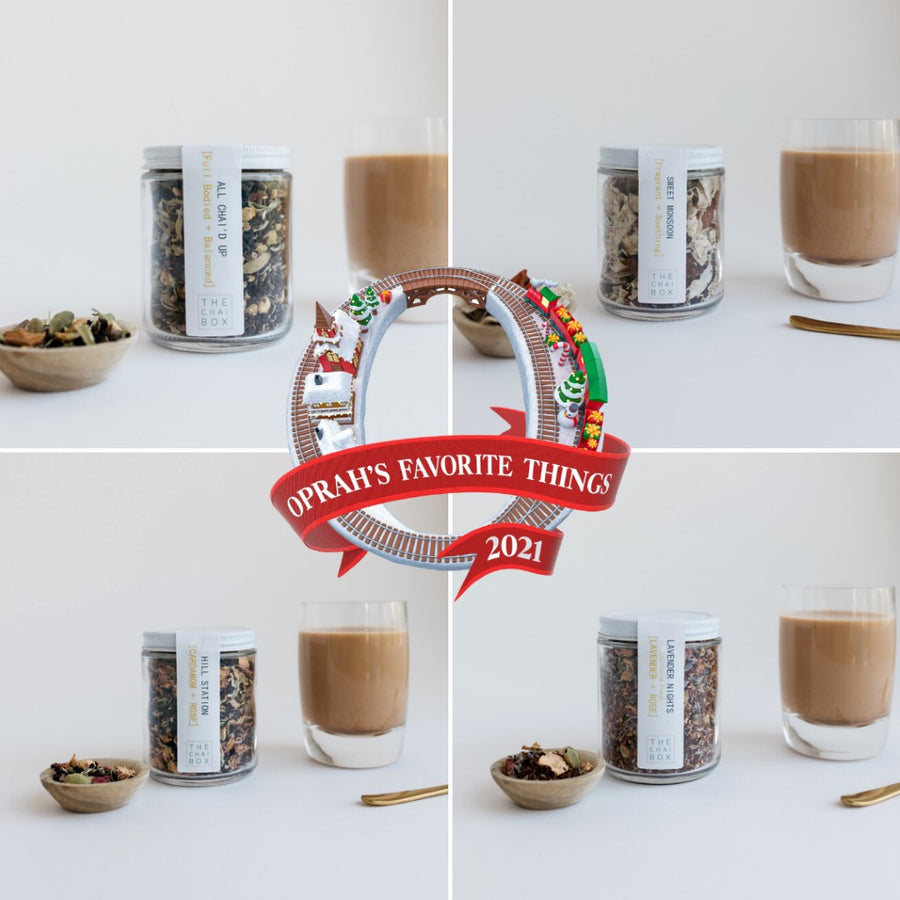 Four different chai blend flavors poured on clear glass mugs. The Chai Box Chai Lover's Gift Set 