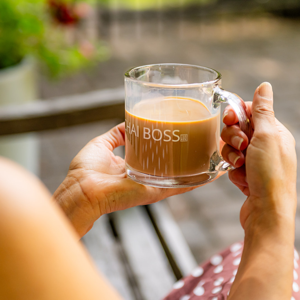 Buy The Chai Box Chai Boss Glass Mug the perfect tea companion. Made out of clear glass. Tea accessories.