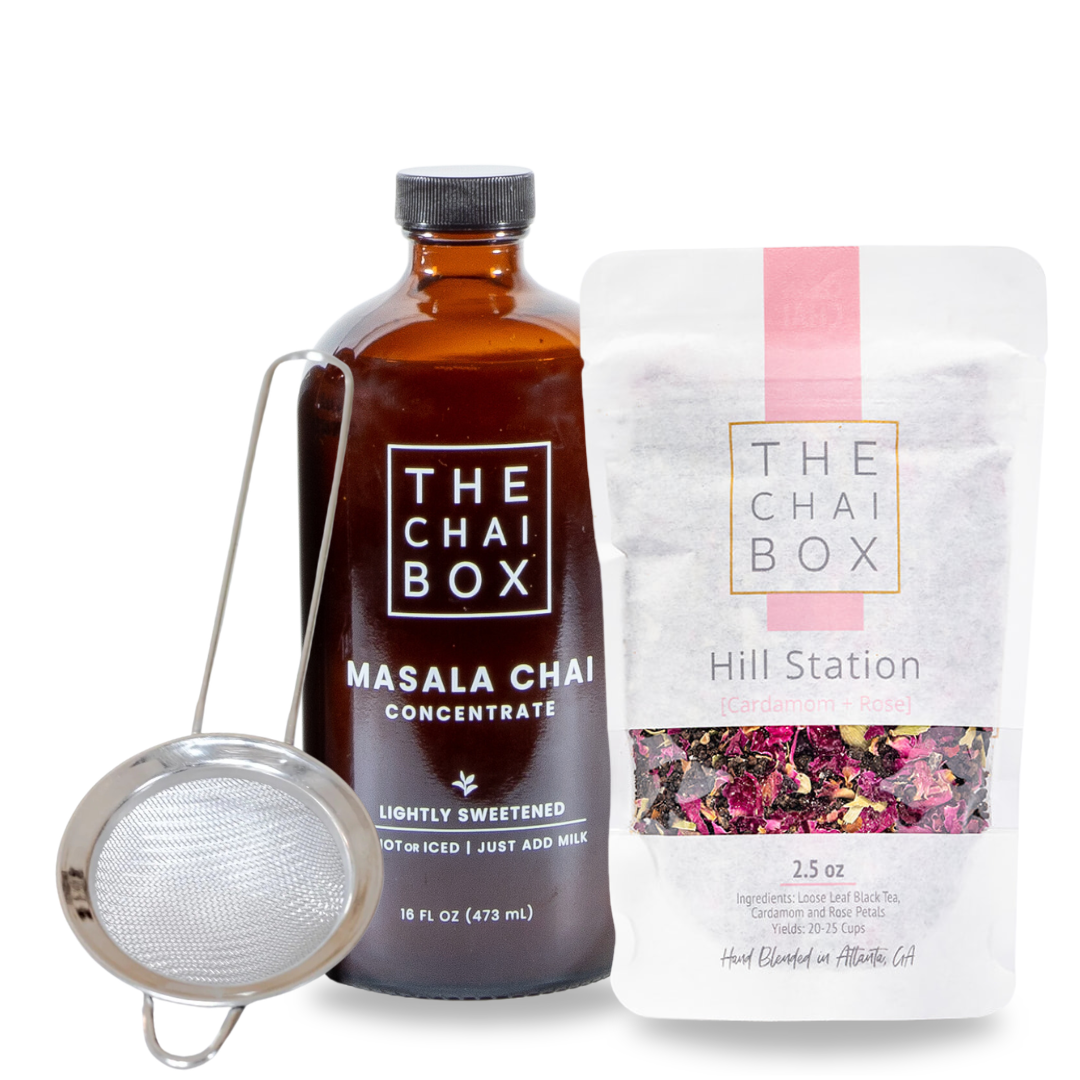 Chai Starter Kit with Concentrate, Rose and Cardamom Chai and a Strainer