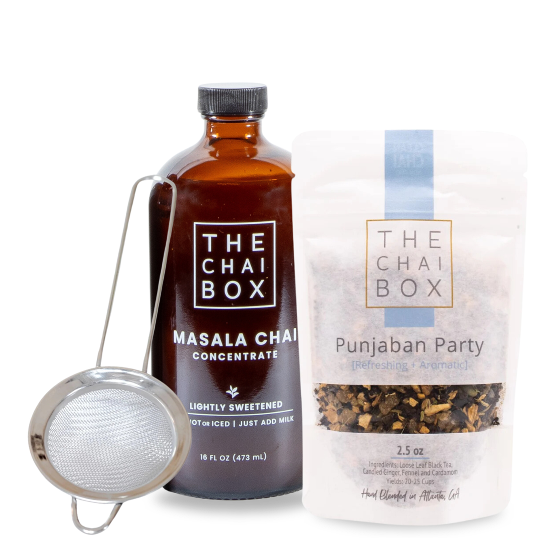 Chai Starter Kit with Chai Concentrate, Ginger & Fennel Chai and a strainer