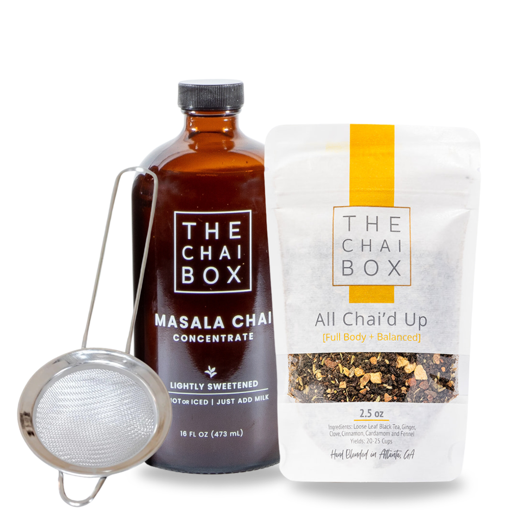 Our Original Chai Starter Kit with top two selling Chai Concentrate and Masala Chai with a strainer