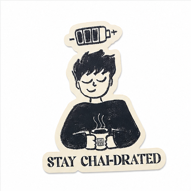 Stay Chai-Drated Stickers with illustration holding cup of chai and battery charged
