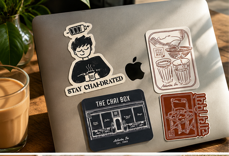 Collage of 'The Chai Box' branded products including a laptop, water bottle, phone case, notebook, and coffee cup.