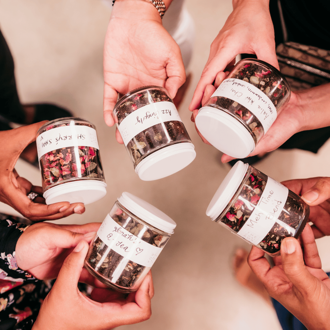 Customized blends made by the Chai Blending Class participants on glass jar. Get your tickets online. 