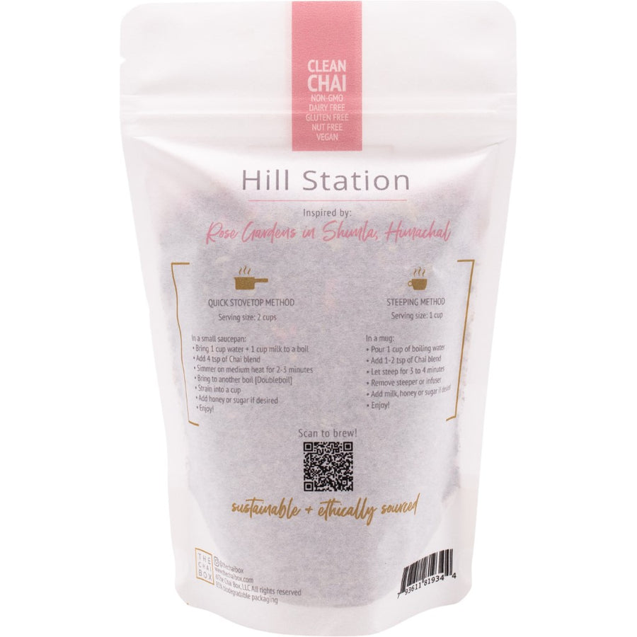 Back of Hill Station with Cardamom and Rose loose leaf tea blend bag. Great for brewing with stovetop method or steeping method. Shop Online.