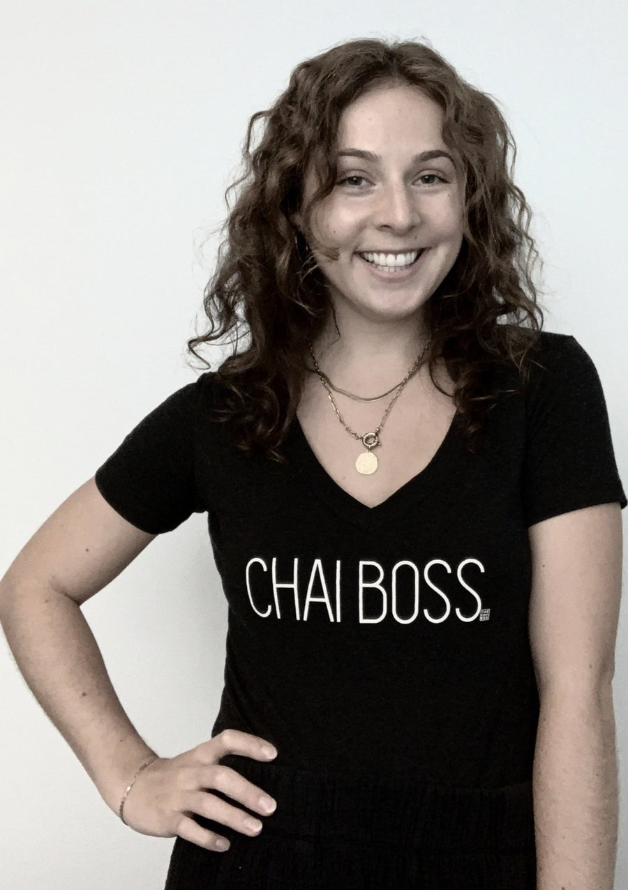 The Chai Boss T-Shirt being worn by a woman. 
