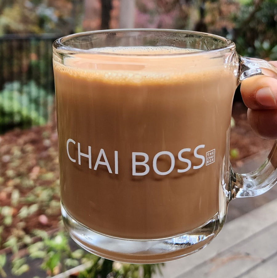 Buy The Chai Box Chai Boss Glass Mug the perfect tea companion. Made out of clear glass. Tea accessories. 