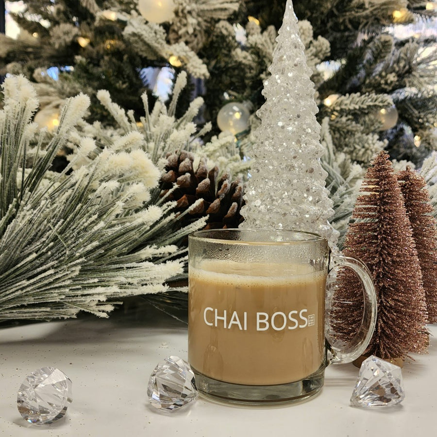 Chai Boss Mug filled with masala chai. The perfect way to enjoy a cup of The Chai Box authentic loose leaf tea blends.