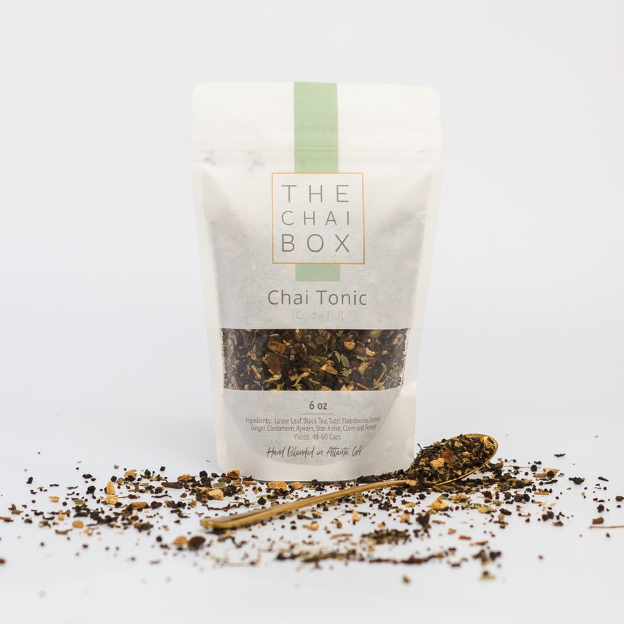 The Chai Box Chai Tonic Loose Leaf Tea Blend bag with spoon. Chai Tonic is a blend that has ingredients used in Ayurvedic tonics because of it's medicinal properties. 