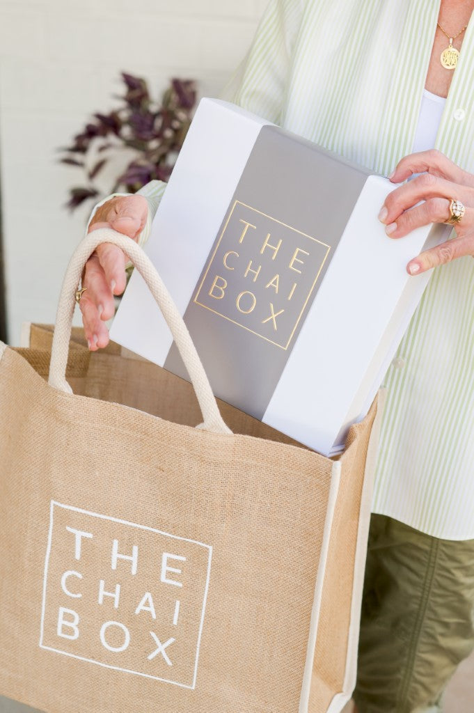 The Chai Box Tote is a durable reusable bag for the eco-conscious tea lover. 