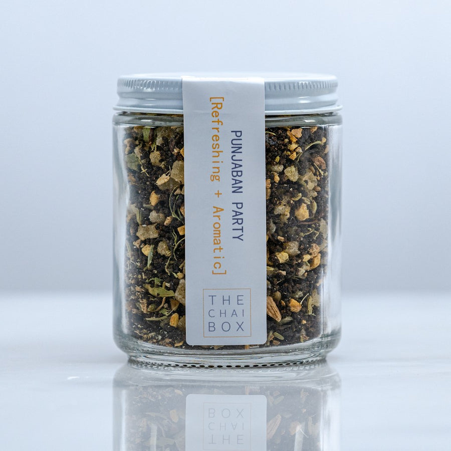 Punjaban Party with black tea masala chai available in a reusable glass jar. Eco-friendly and sustainable packaging.