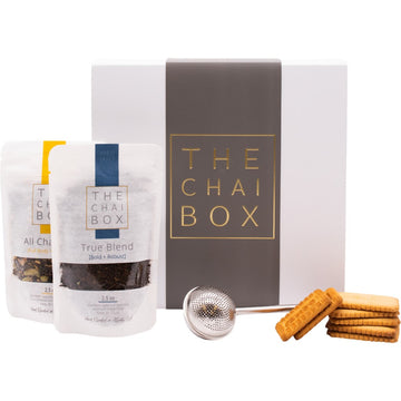 Shop the Traditional Chai Care Package. Includes 2 loose leaf tea blends, biscuits and steeper. 