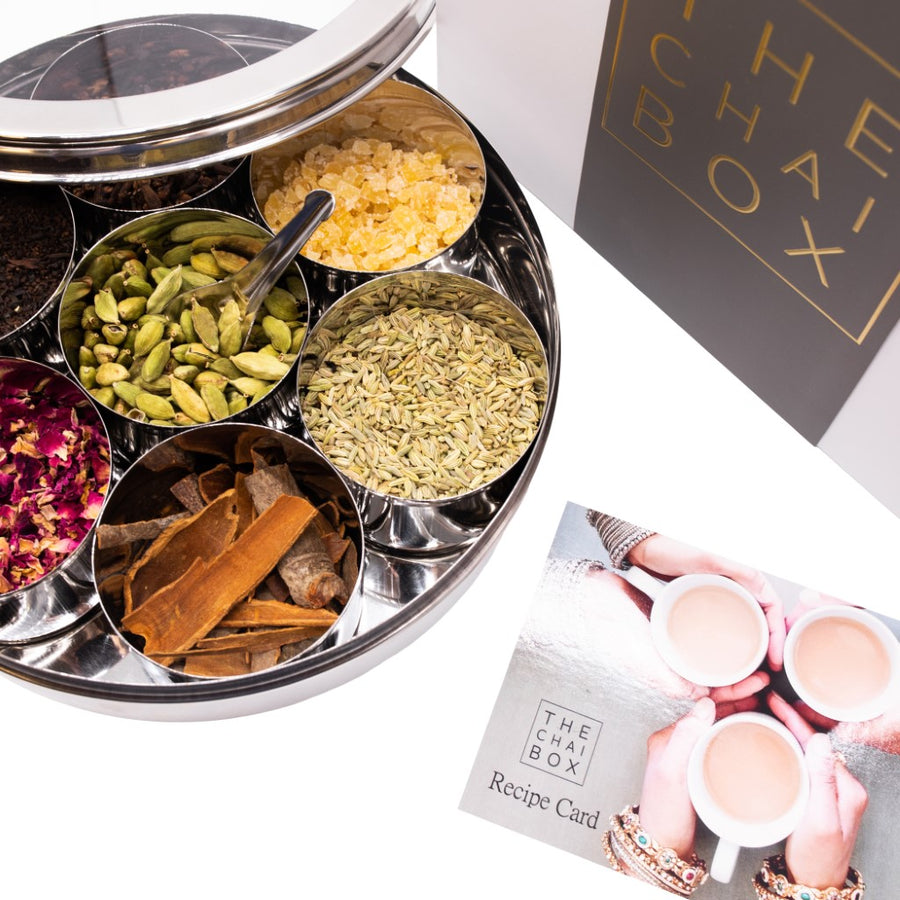 The Chai Box gift set showcases the authentic Indian spices and our True Blend tea. 