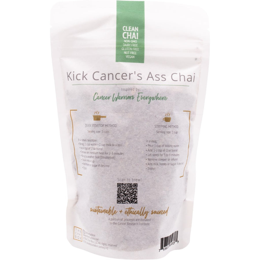 Back of Kick Cancer's Ass loose leaf tea blend bag. Great for brewing with stovetop method or steeping method. Shop Online.